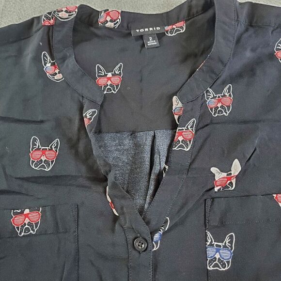 Torrid Top Womens Large Black Blouse French Bulldogs Sleeveless Button Front - Picture 7 of 10